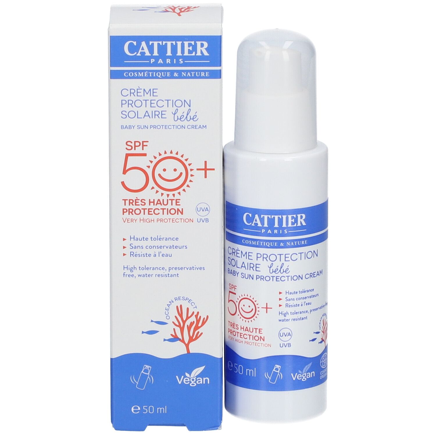 Crème solaire bébé SPF 50+ en boîte et flacon. Marque: CATTIER. Vegan.