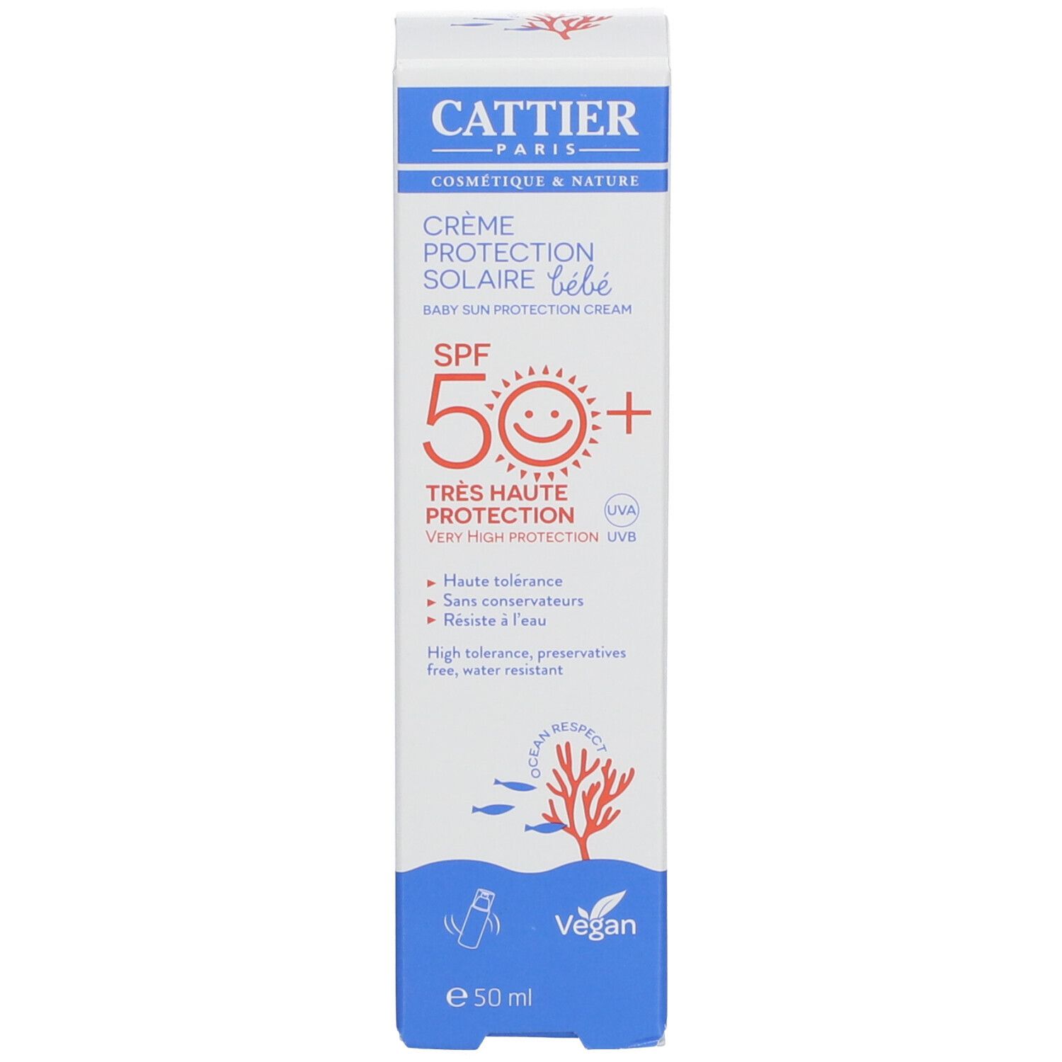 Boîte de crème solaire bébé SPF 50+. Marque: CATTIER. Vegan.