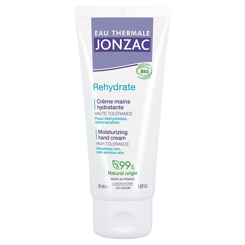 Tube blanc avec accents violets. Inscription "Jonzac" et "Rehydrate". Label bio. "Crème mains hydratante".