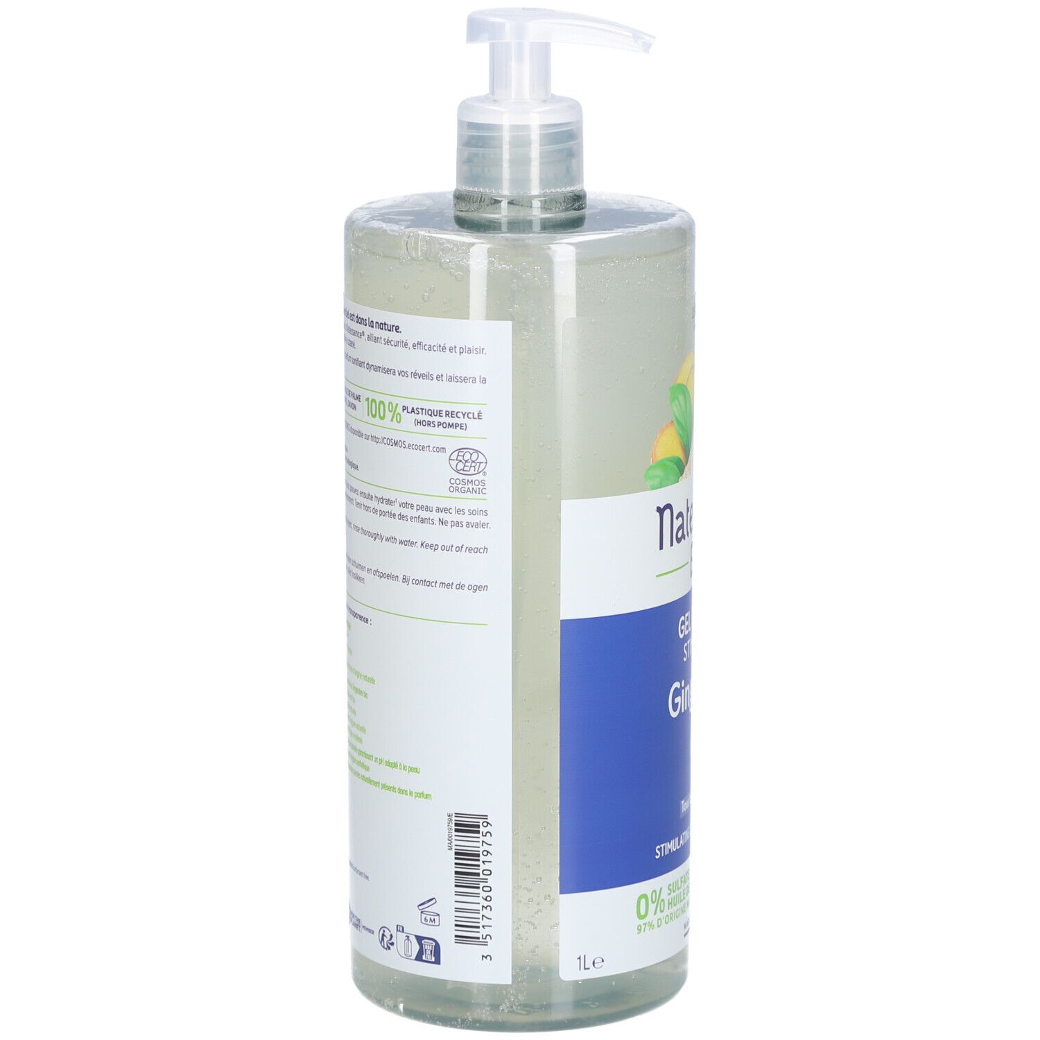 Flacon transparent avec pompe. Étiquette latérale avec texte et logos. Texte: Flacon 100% recyclable. Certification bio.