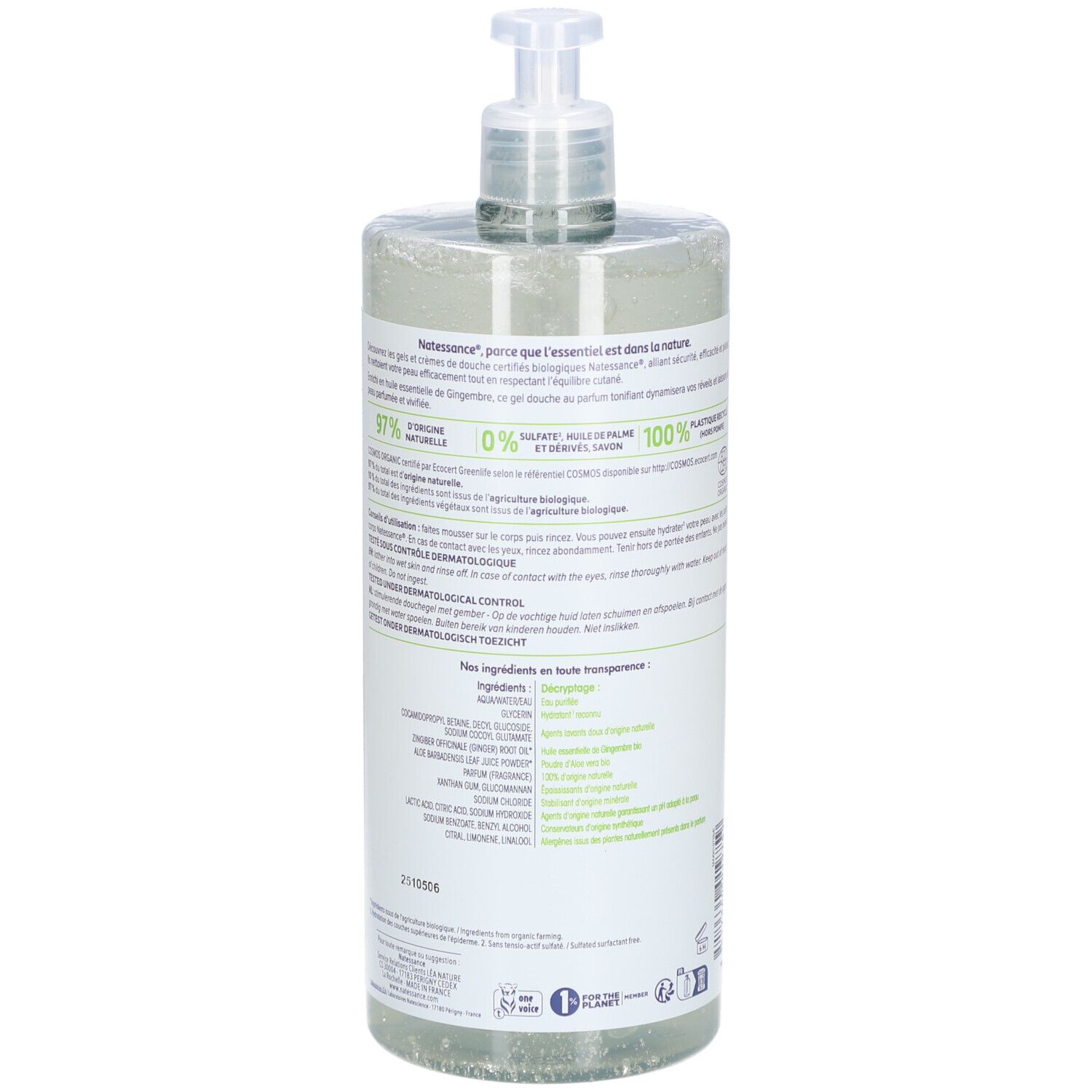 Flacon transparent avec pompe. Étiquette arrière avec texte. Texte: Ingrédients, certification bio, testé dermatologiquement.
