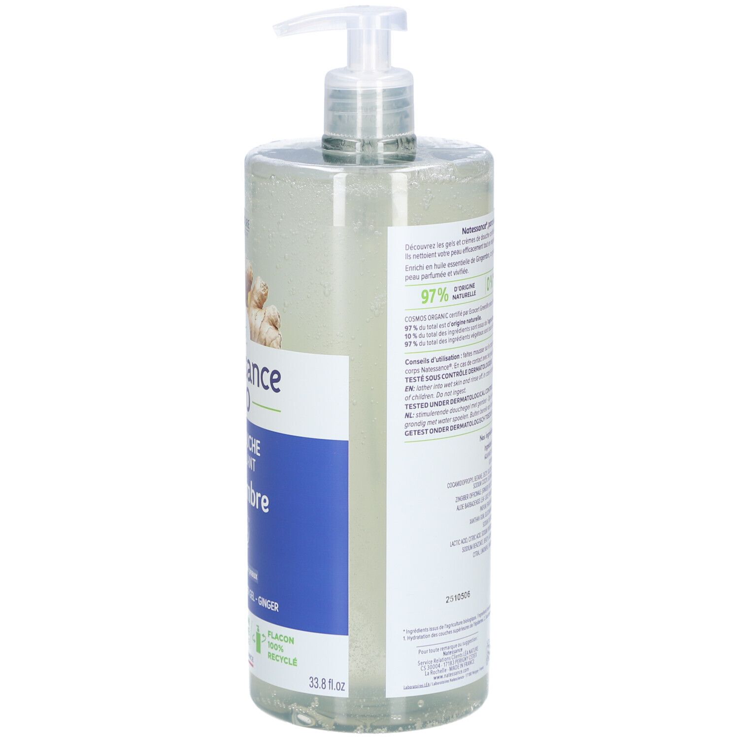Flacon transparent avec pompe. Étiquette arrière avec texte. Texte: Ingrédients, certification bio, testé dermatologiquement.