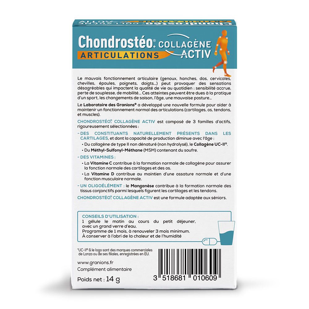 Rückseite der Schachtel Granions Chondrostéo Collagène Activ. Text über Inhaltsstoffe, Anwendung und Warnhinweise.