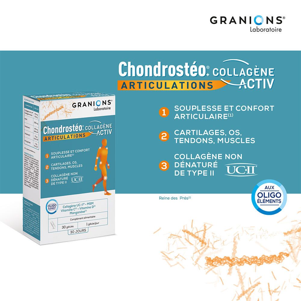 Granions Chondrostéo Collagène Activ Pack. Produkt und Inhaltsstoffe auf blauem Hintergrund. 30 Kapseln.