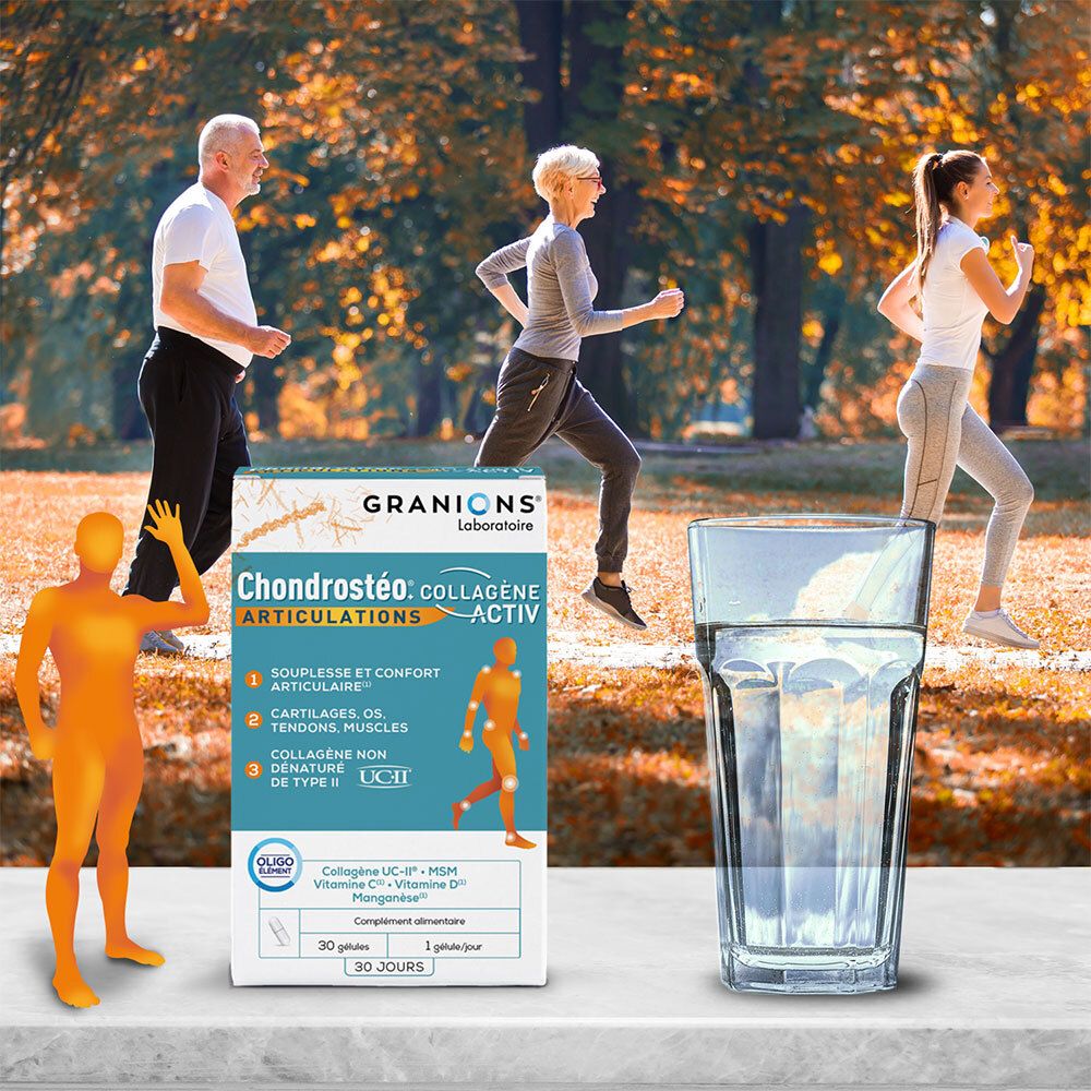 Produkt Granions Chondrostéo Collagène Activ, Glas Wasser, Menschen beim Sport. Natürlicher Hintergrund.