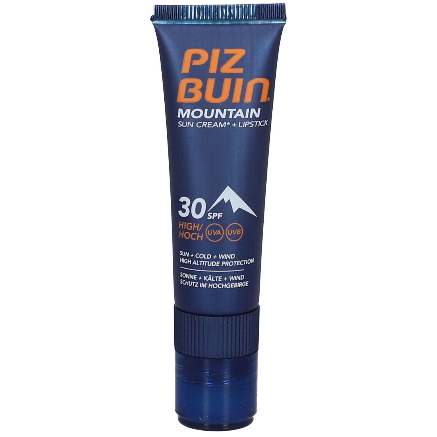 Stick solaire bleu et orange. Inscription : PIZ BUIN Mountain, crème solaire + rouge à lèvres, SPF 30. Avec symboles montagne et UV.