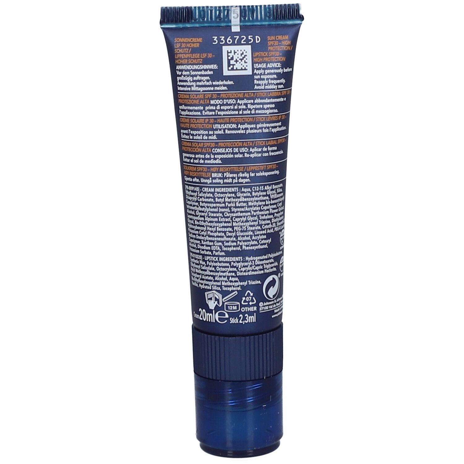 Dos du stick à lèvres. Contient du texte en plusieurs langues, des ingrédients, un code QR et des quantités : 20 ml, 2,3 ml.