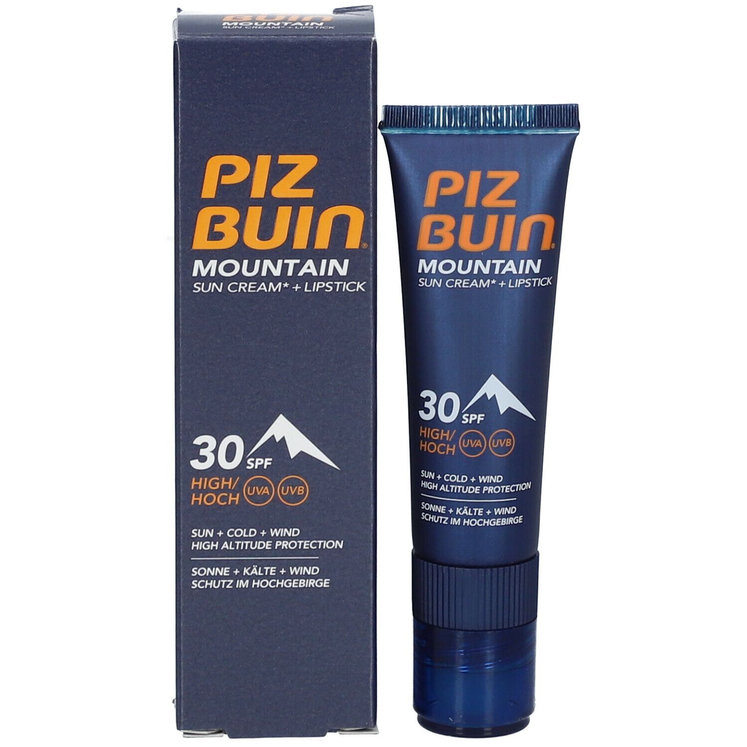 Emballage du produit et stick à lèvres. Emballage : bleu, avec l'inscription PIZ BUIN Mountain, crème solaire + rouge à lèvres, SPF 30.