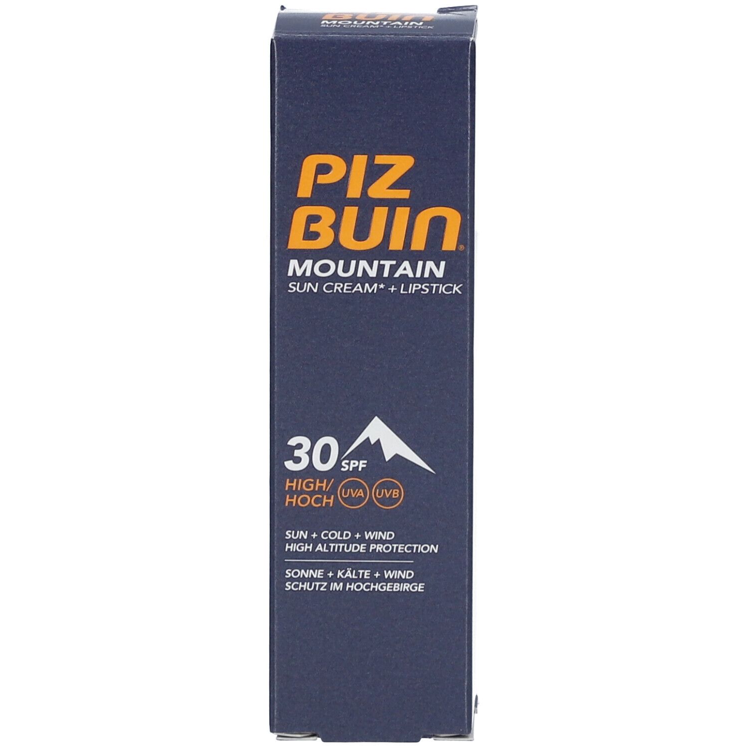 Emballage du produit bleu. Inscription : PIZ BUIN Mountain, crème solaire + rouge à lèvres, SPF 30. Avec symboles montagne et UV.