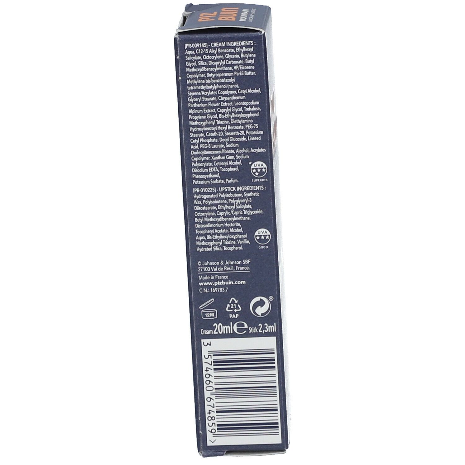 Côté de l'emballage du produit. Contient du texte en plusieurs langues, des ingrédients, un code QR et des quantités : 20 ml, 2,3 ml.