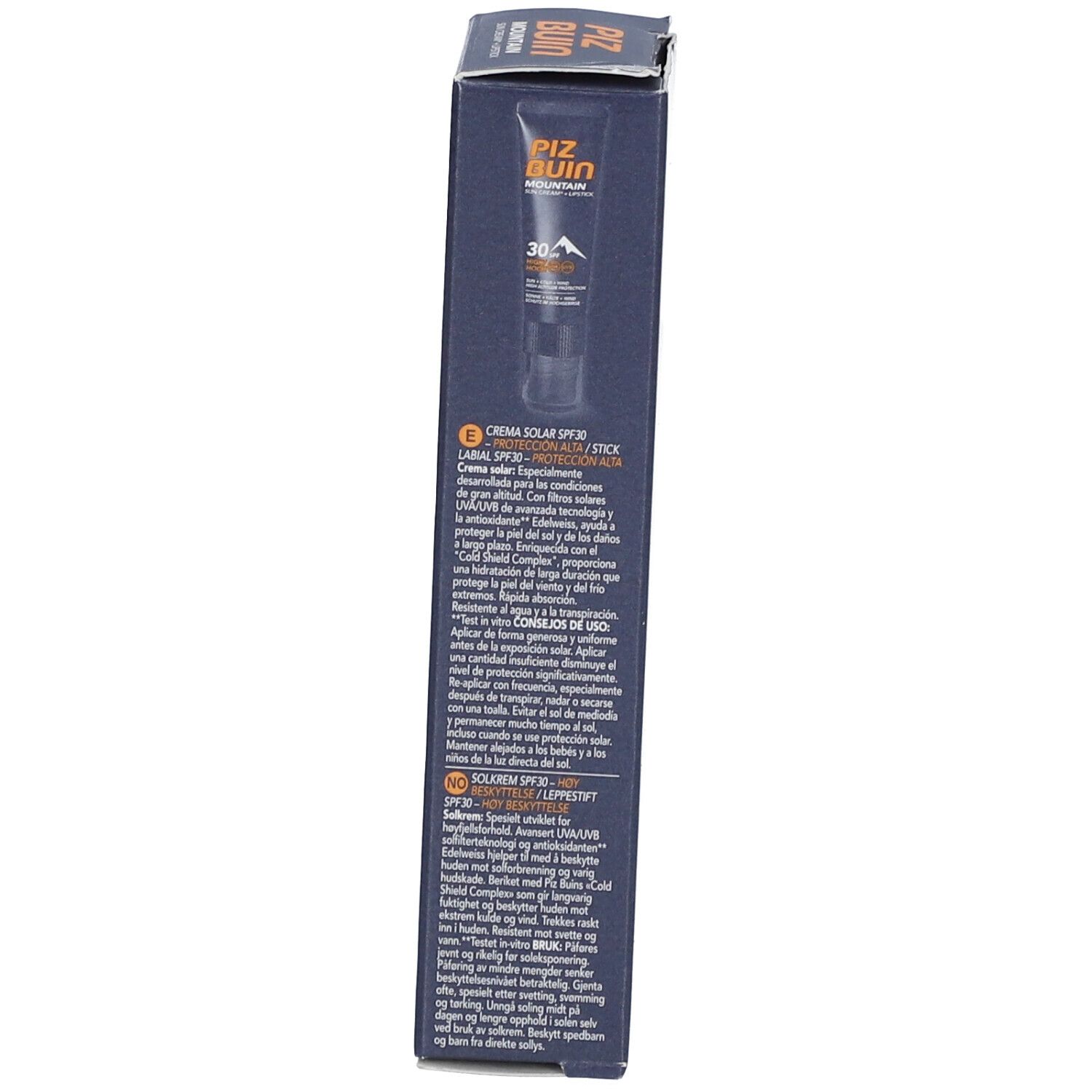 Côté de l'emballage du produit. Texte en plusieurs langues : crème solaire SPF 30, conseils d'utilisation, ingrédients.