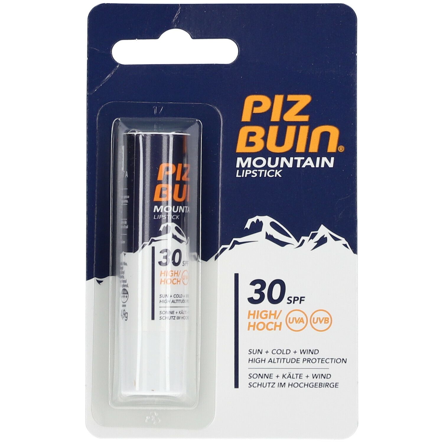 Stick à lèvres PIZ BUIN MOUNTAIN, SPF 30, en emballage blister. Protection solaire, contre le froid et le vent.