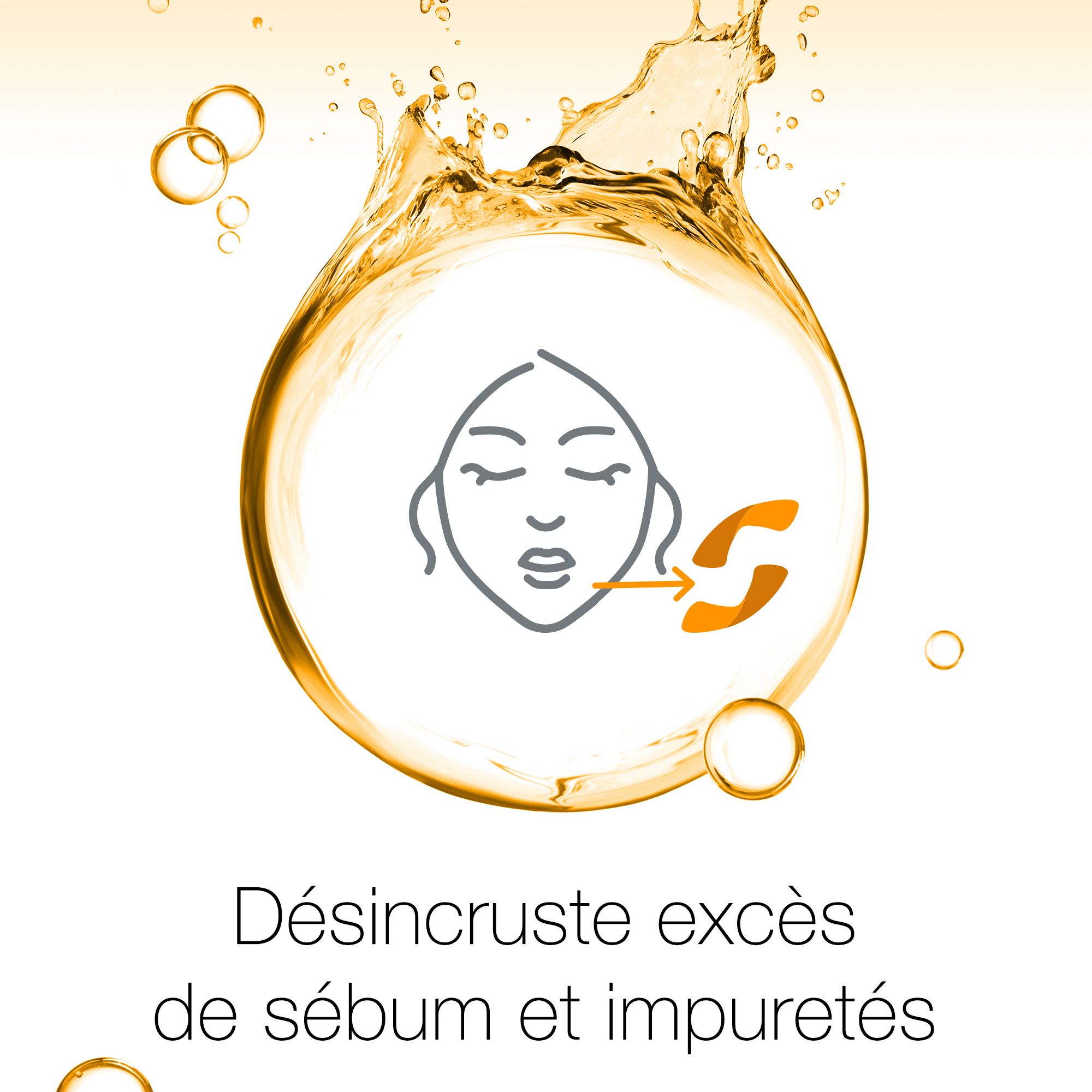 Grafik: Gesicht mit Pfeil und Symbol. Text: Désincruste excès de sébum et impuretés.