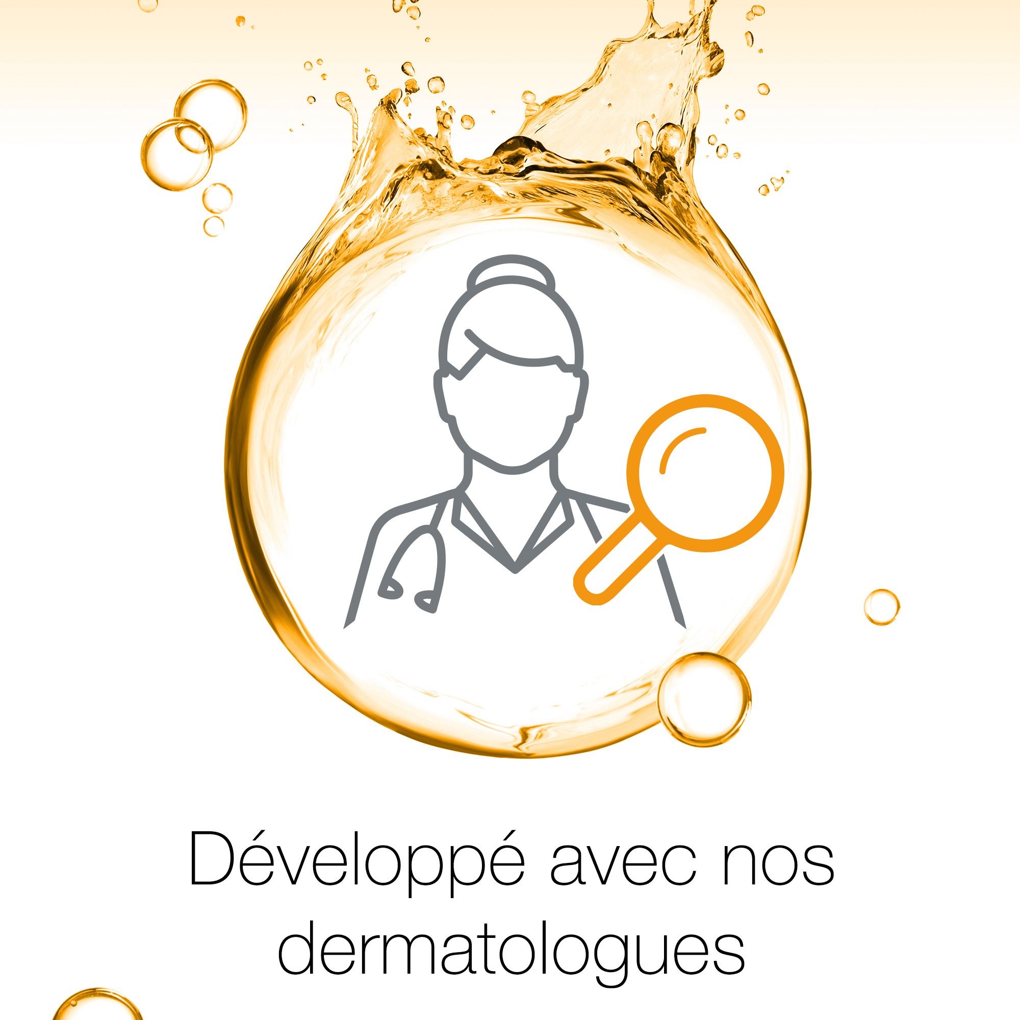Grafik: Gesicht mit Lupe und Arzt-Symbol. Text: Développé avec nos dermatologues.