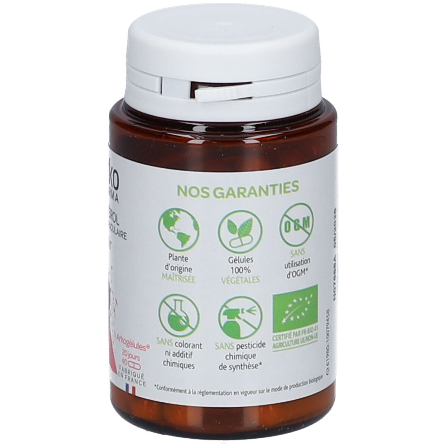 Dos du flacon. Logos et certifications: plante, gélules végétales, sans OGM, sans colorant, sans pesticide.