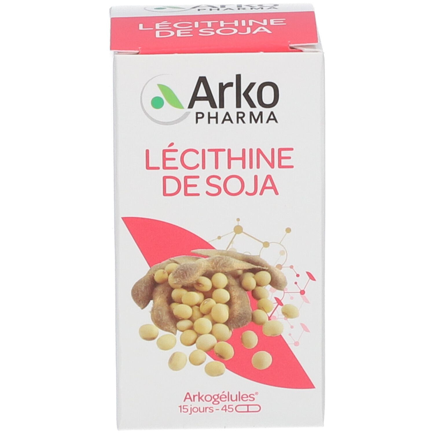 Produktverpackung. Weiß mit Produktname und Logo. 45 Kapseln.