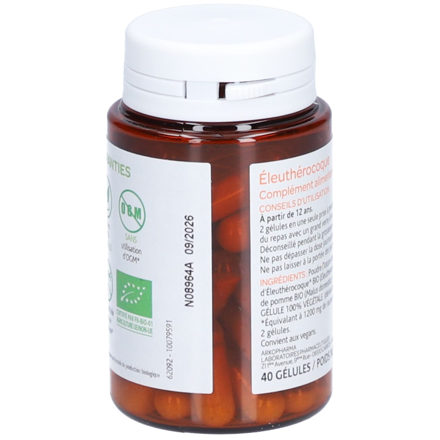 Dos du flacon. Étiquette avec informations produit et date de péremption 09/2026. 40 gélules.