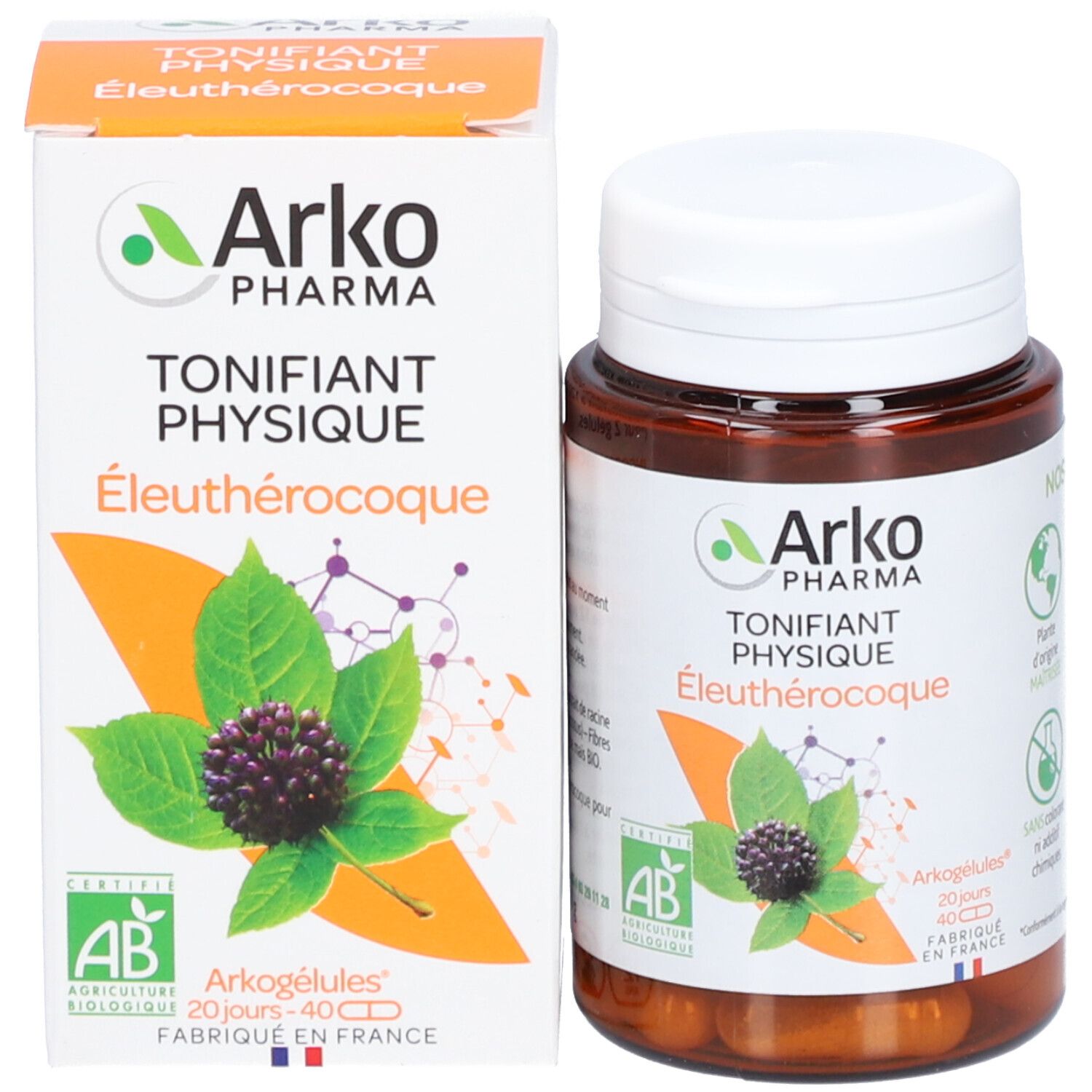 Emballage et flacon. Emballage avec nom du produit et logo. Certification AB bio.