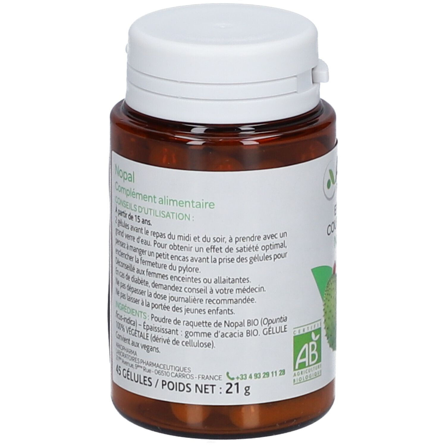 Flacon marron, bouchon blanc. Étiquette avec texte: Nopal, conseils d'utilisation, ingrédients, 45 gélules, 21g.