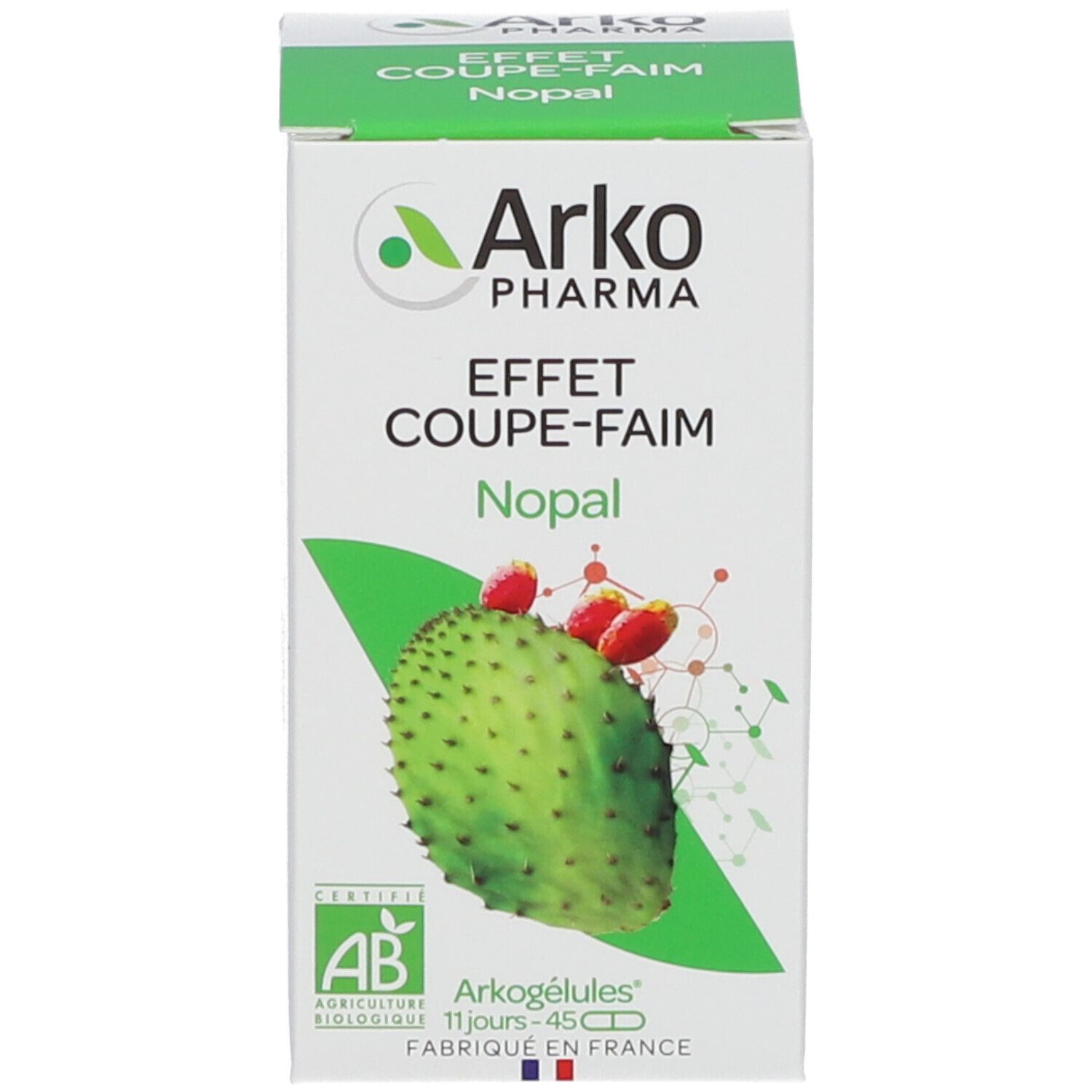 Boîte blanche avec logo, image de Nopal et texte. 45 gélules.