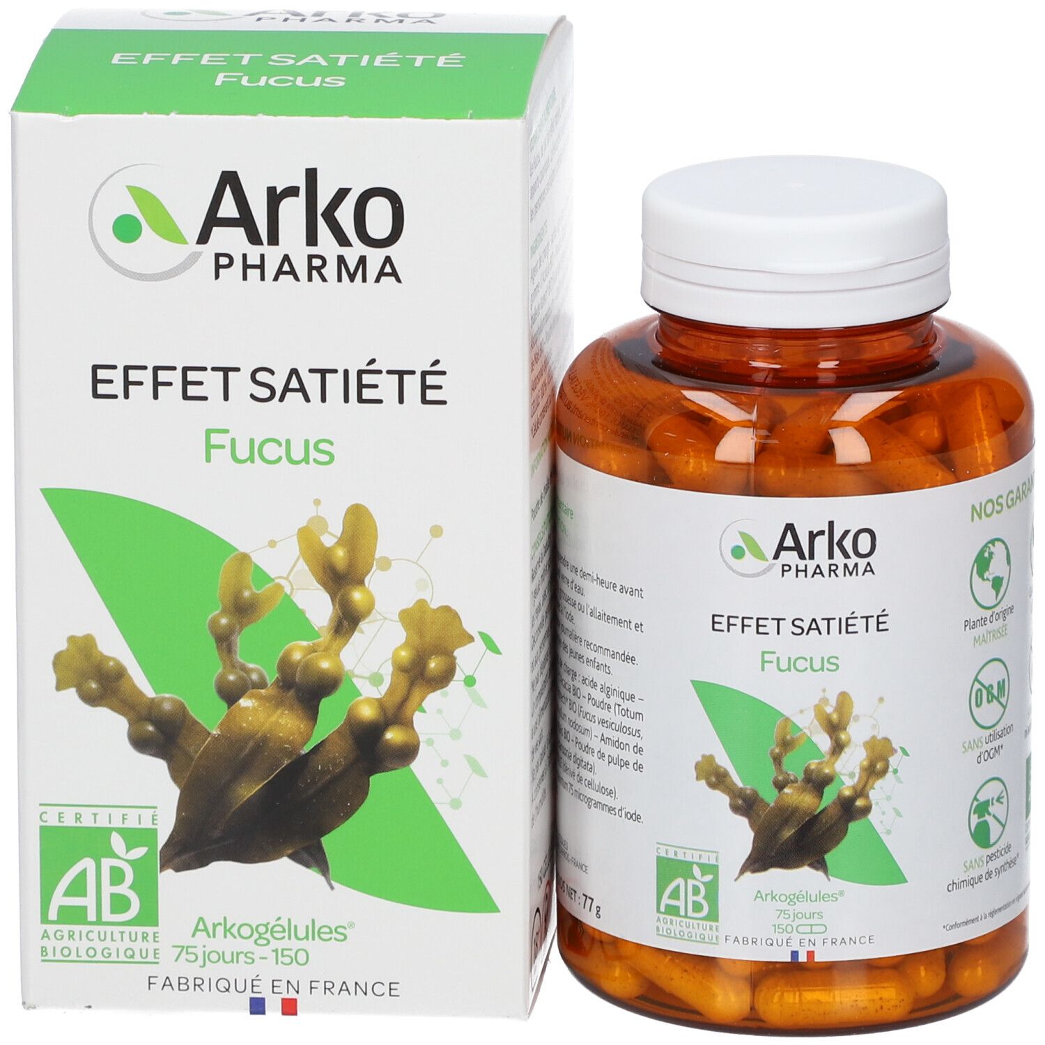 Emballage et flacon. Boîte avec logo, nom du produit, illustration de Fucus. Flacon marron avec gélules.