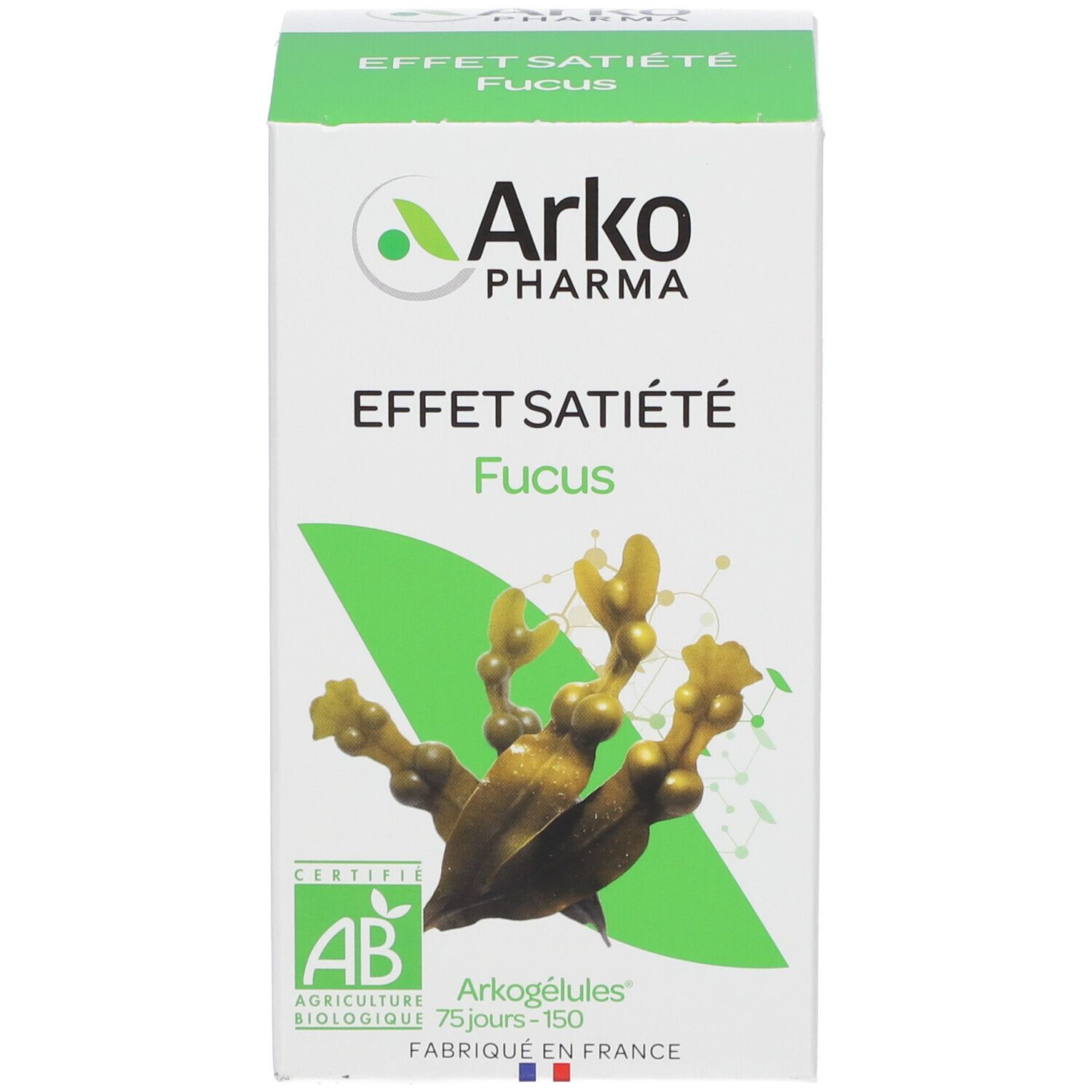 Emballage blanc. Logo, nom du produit, illustration de Fucus et certifications. Combinaison de couleurs verte et blanche.