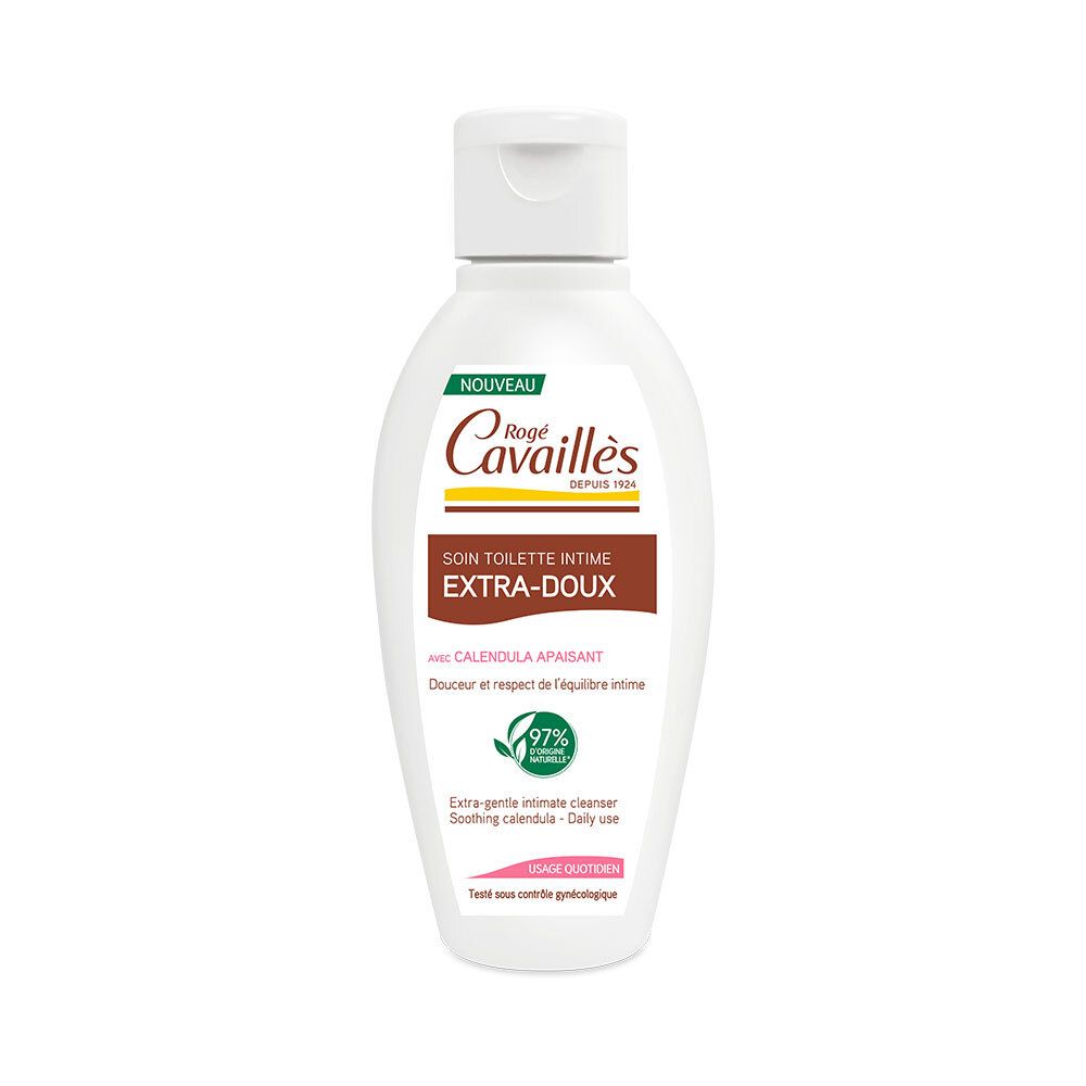 Weiße Flasche mit Klappverschluss. Aufschrift: Rogé Cavaillès, Soin Toilette Intime Extra-Doux. Mit 97% Inhaltsstoffen natürlichen Ursprungs.