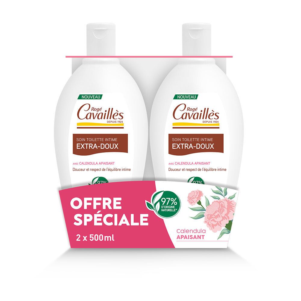 Lot de deux flacons de soin intime Rogé Cavaillès Extra-Doux. Offre spéciale. Ingrédients naturels à 97%. Calendula Apaisant.
