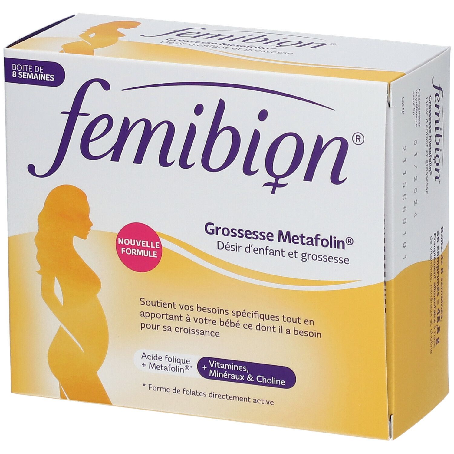 Boîte Femibion. Jaune et blanche. Inscription: femibion, Grossesse Metafolin, Désir d'enfant et grossesse. Silhouette d'une femme enceinte.