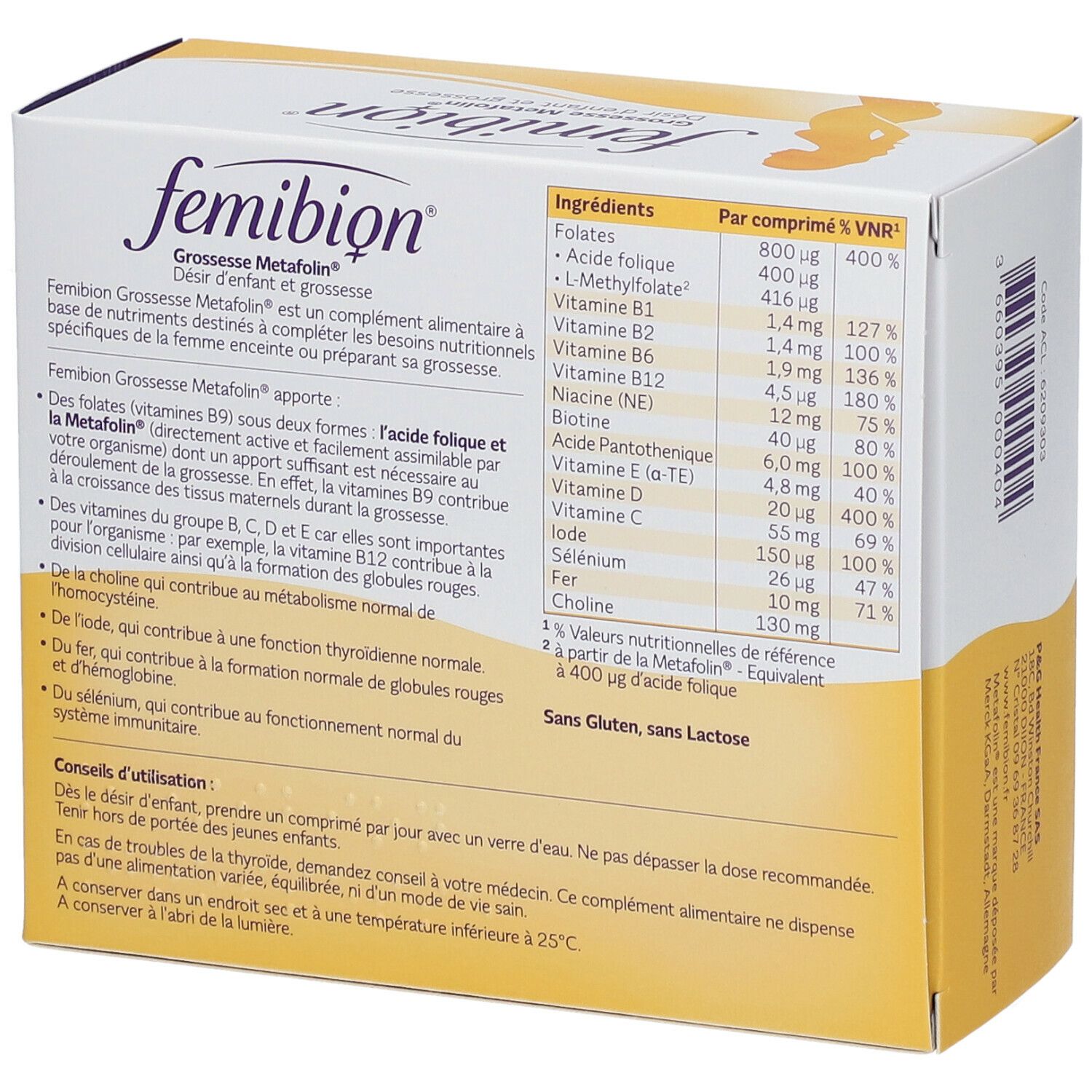 Boîte Femibion. Dos. Inscriptions: ingrédients, informations nutritionnelles, mode d'emploi. Jaune et blanc. Texte en français.