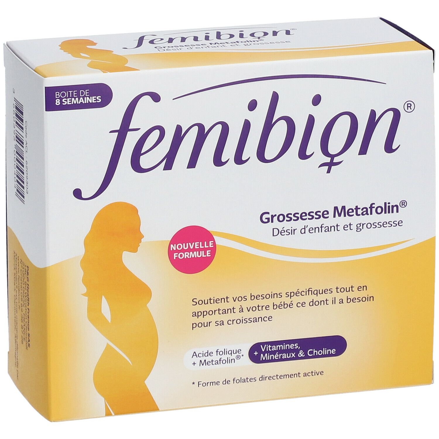 Boîte Femibion. Jaune et blanche. Inscription: femibion, Grossesse Metafolin, Désir d'enfant et grossesse. Silhouette d'une femme enceinte.