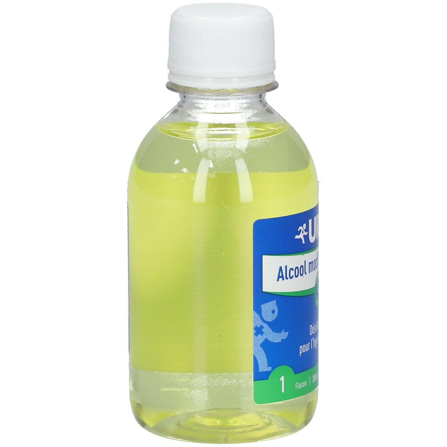 Flacon URGO Alcool modifié 70% vol. Étiquette avec informations produit. Bouchon blanc.