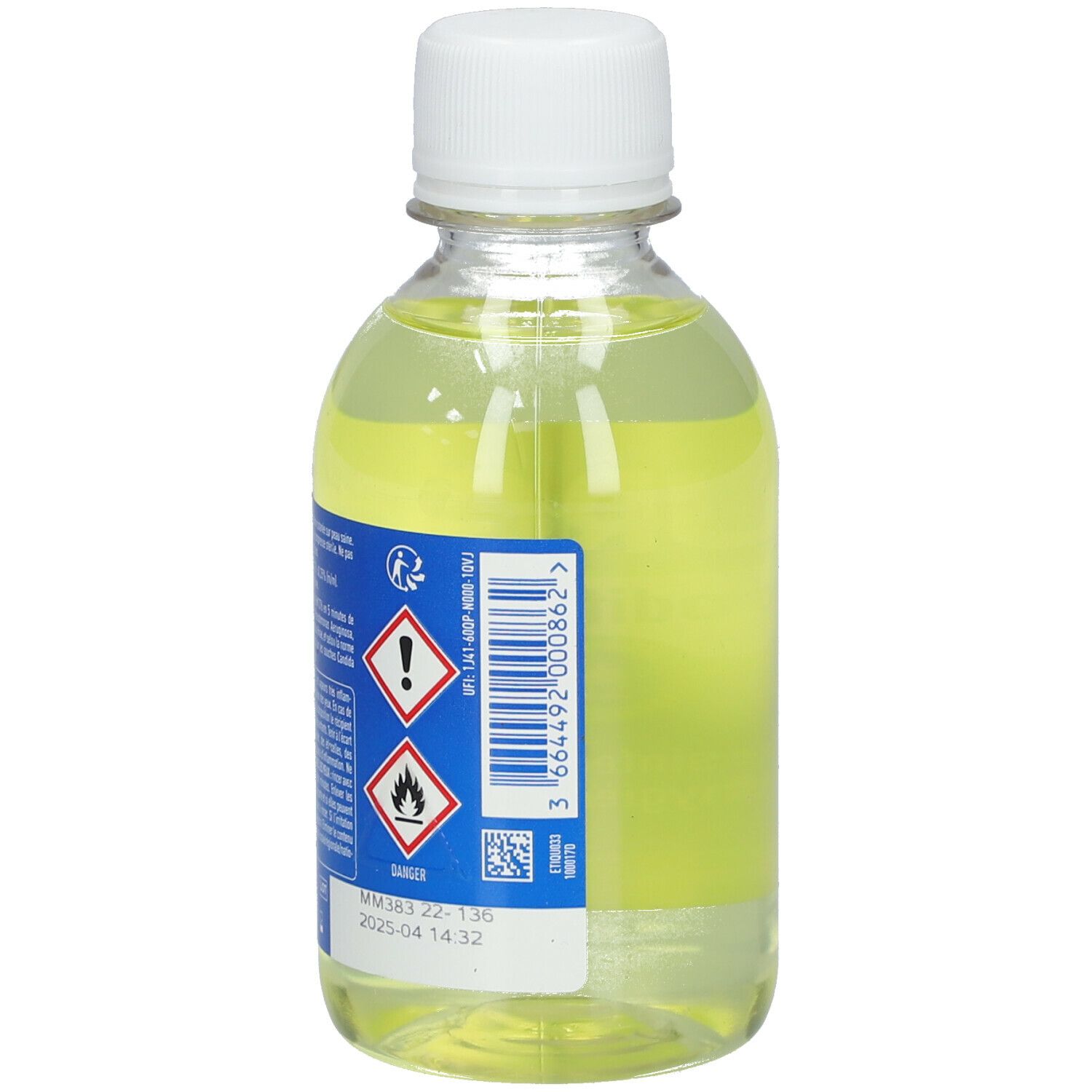 Dos d'un flacon URGO Alcool modifié 70% vol. Étiquette avec avertissements et code-barres. Bouchon blanc.