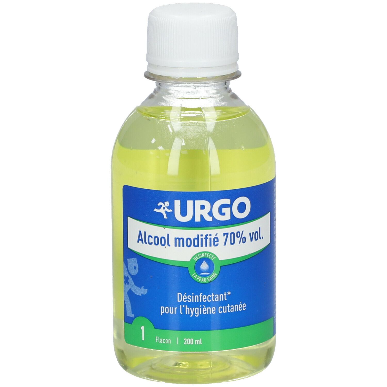 Flacon URGO Alcool modifié 70% vol. Étiquette avec informations produit. Bouchon blanc.