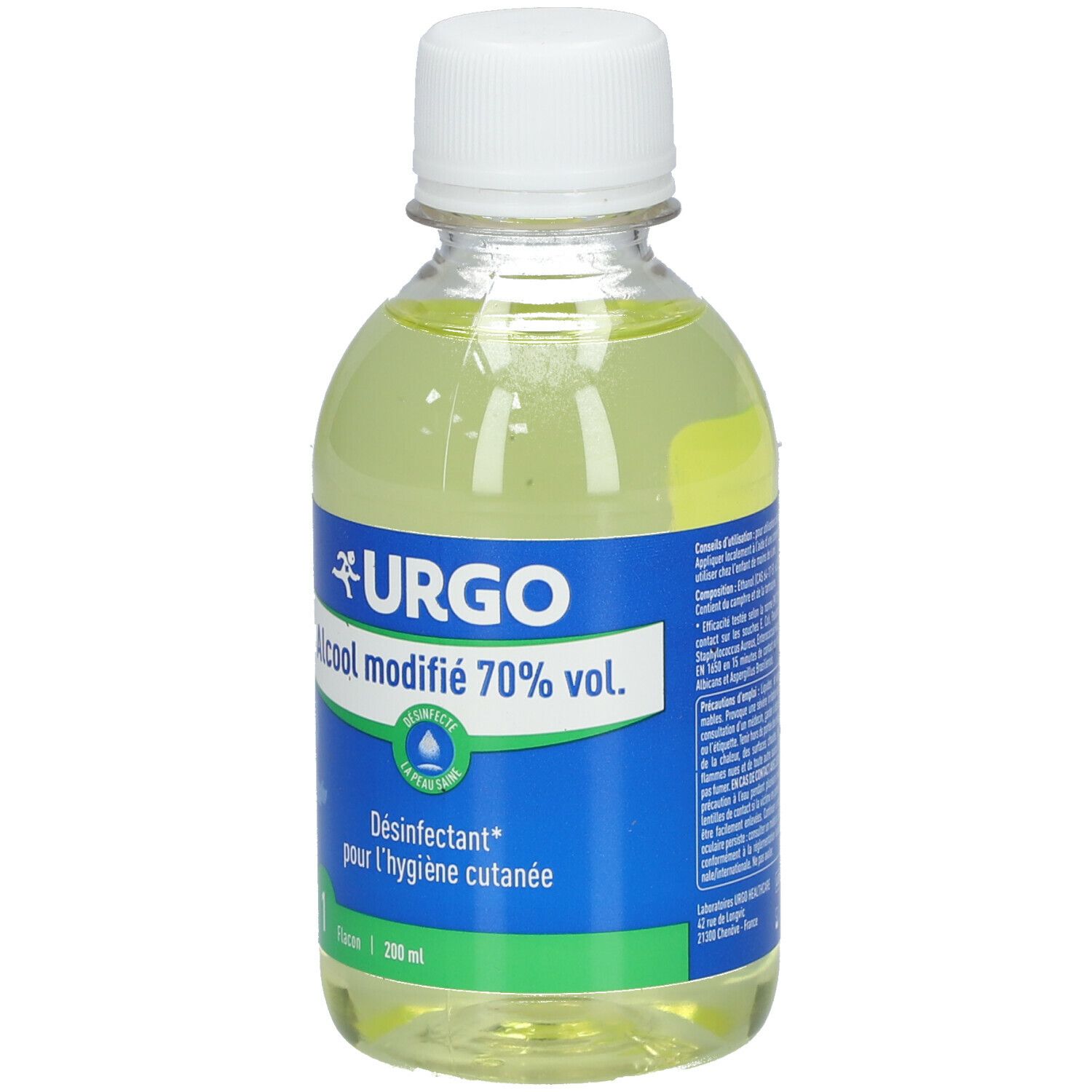 Flacon URGO Alcool modifié 70% vol. Étiquette avec informations produit. Bouchon blanc.