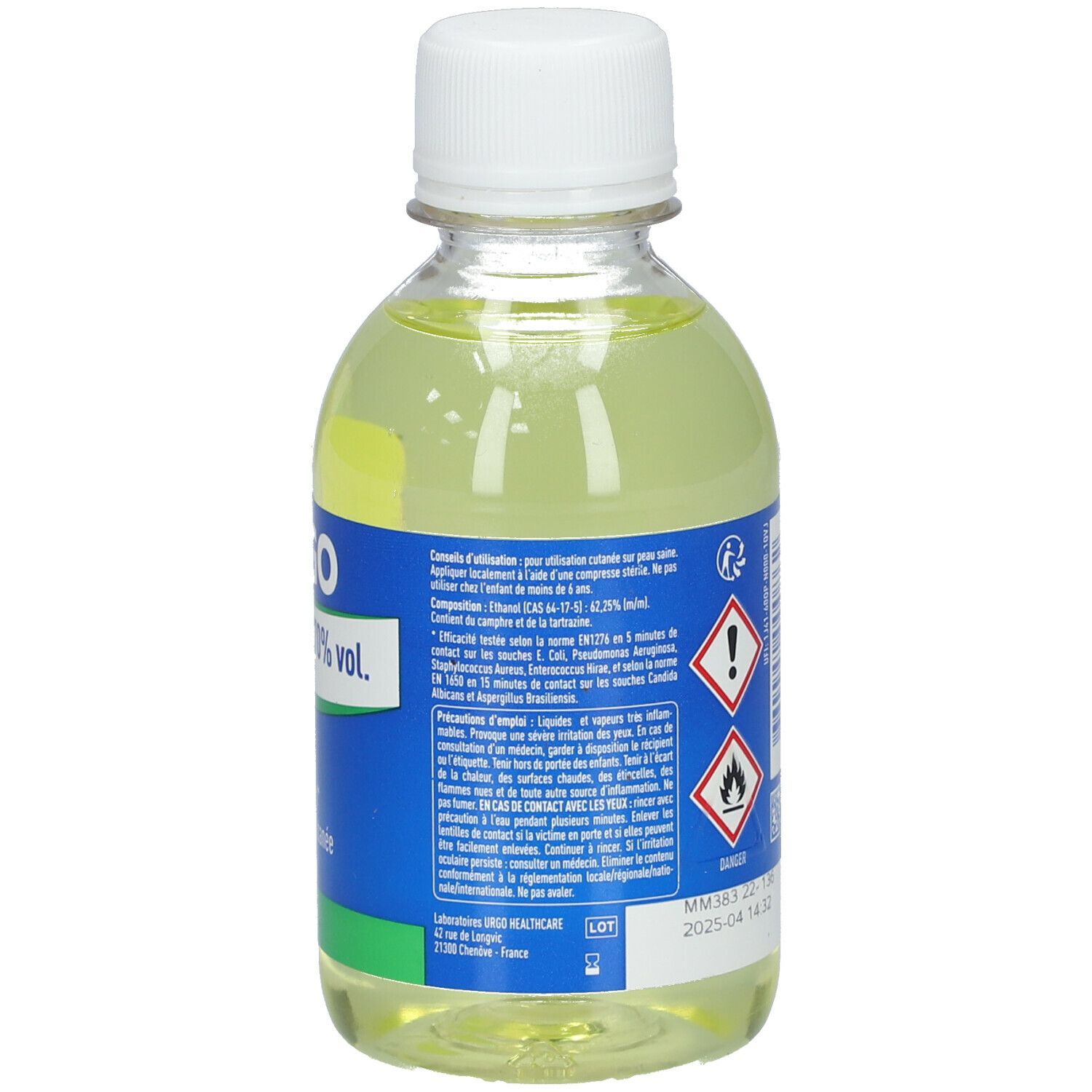 Dos d'un flacon URGO Alcool modifié 70% vol. Étiquette avec informations produit et avertissements. Bouchon blanc.