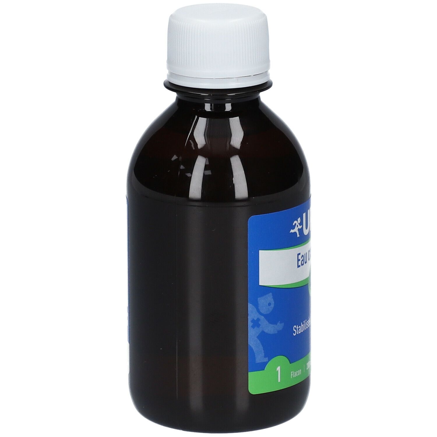 Flacon brun avec bouchon blanc. Étiquette bleue avec texte: URGO Eau oxygénée 10 vol. Flacon.