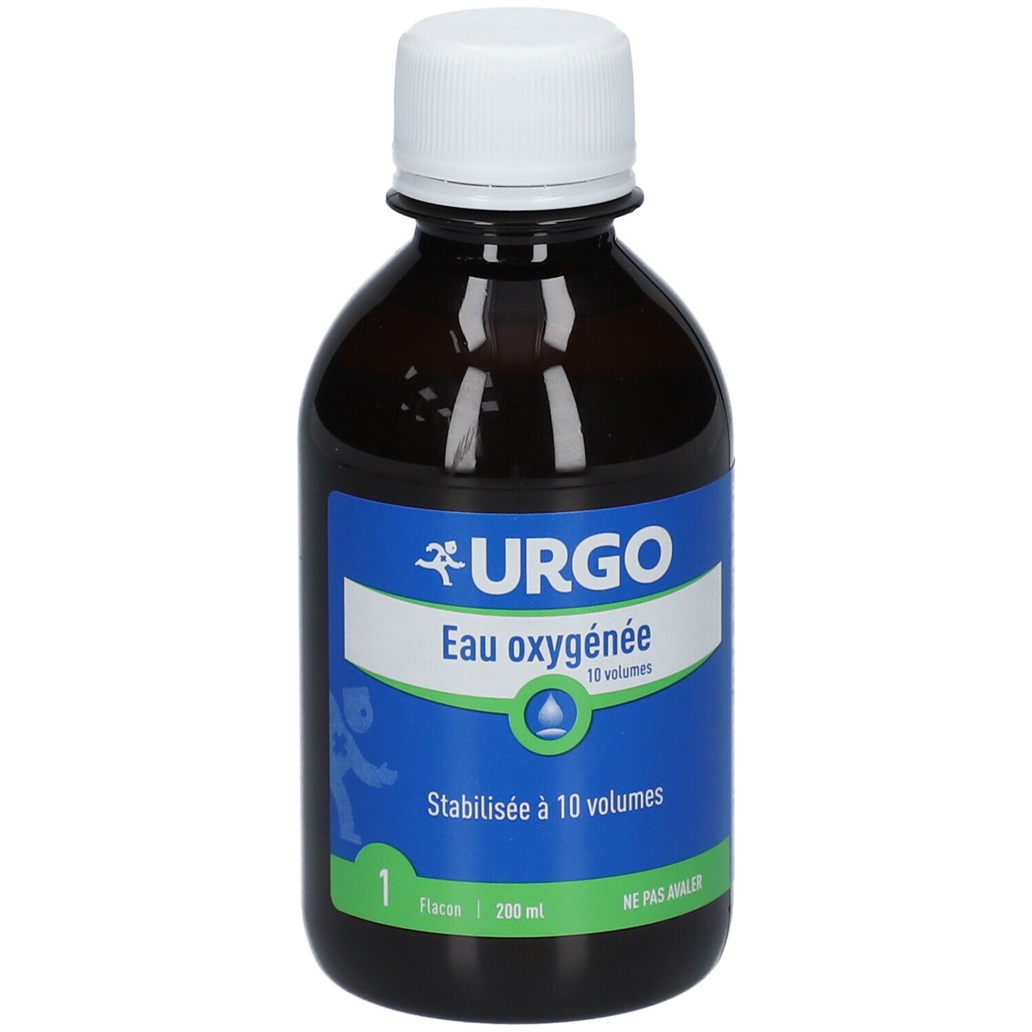 Flacon brun avec bouchon blanc. Étiquette bleue avec texte: URGO Eau oxygénée 10 vol. Stabilisée à 10 volumes. Flacon 200 ml.