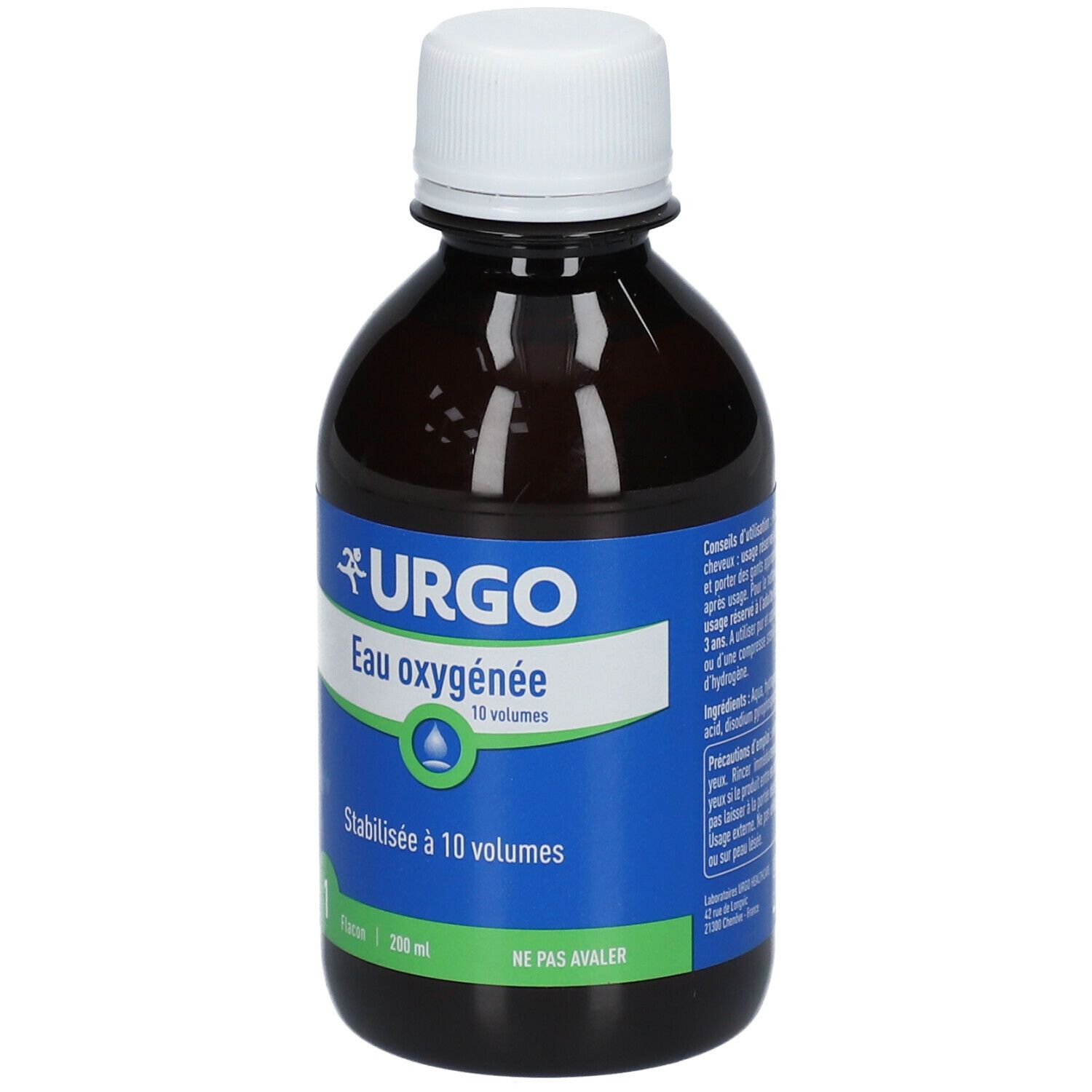Flacon brun avec bouchon blanc. Étiquette bleue avec texte: URGO Eau oxygénée 10 vol. Stabilisée à 10 volumes. Flacon 200 ml.