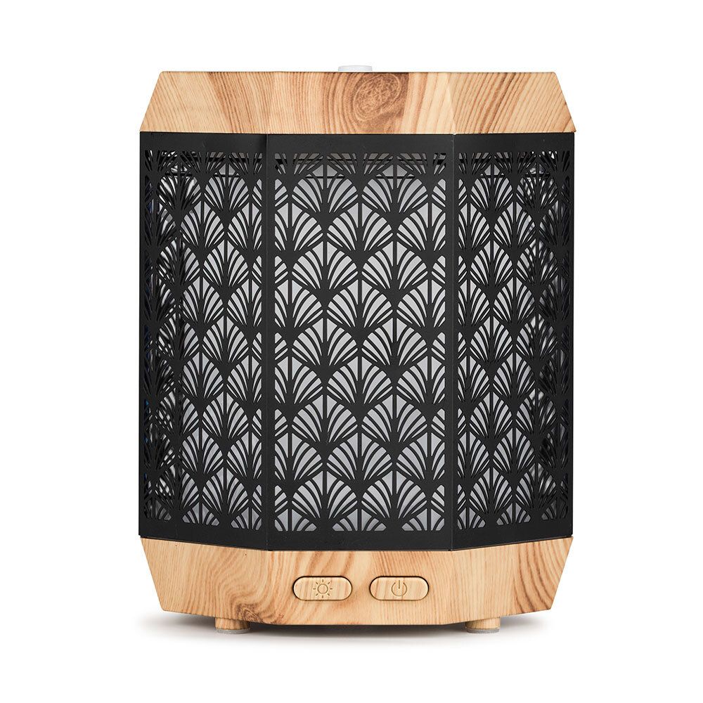 Diffuseur d'huiles essentielles ÉPICÉA. Design bois et motif noir. Deux boutons. Lumière visible.