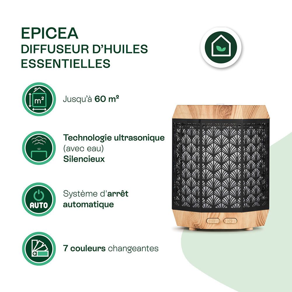 Diffuseur ÉPICÉA. Texte: jusqu'à 60 m², technologie ultrasonique, arrêt automatique, 7 couleurs changeantes.