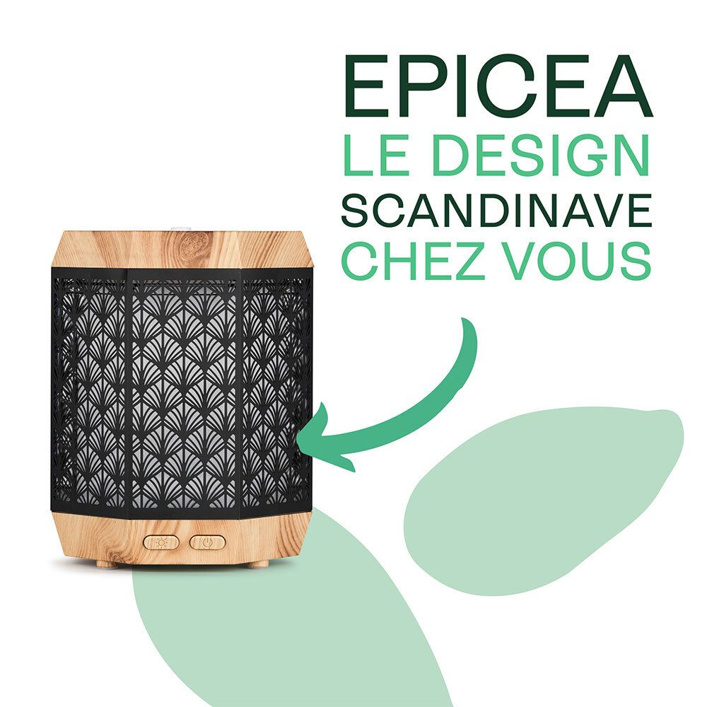 Diffuseur ÉPICÉA. Design bois et motif noir. Texte: Le design scandinave chez vous.