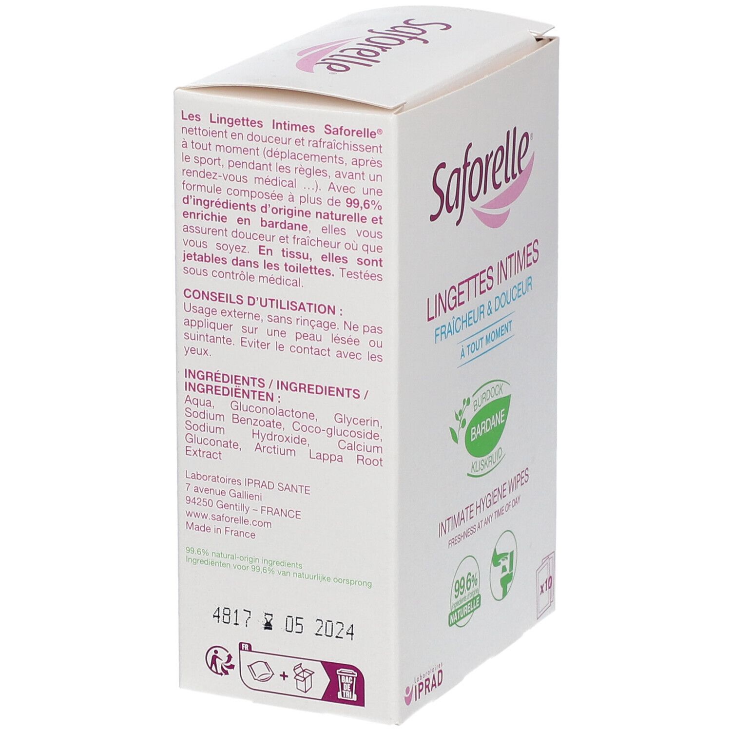 Seitenansicht der Saforelle-Verpackung. Text: Inhaltsstoffe, Anwendungshinweise. Haltbarkeitsdatum: 05 2024.