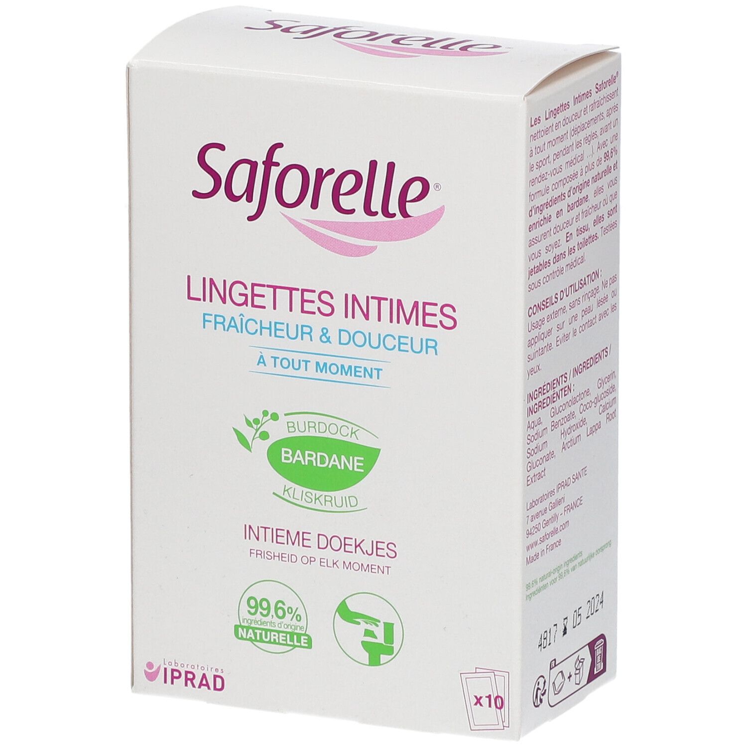 Weißer Karton mit Saforelle-Logo und Produktbezeichnung. Enthält Intimreinigungstücher. 99,6% natürliche Inhaltsstoffe.