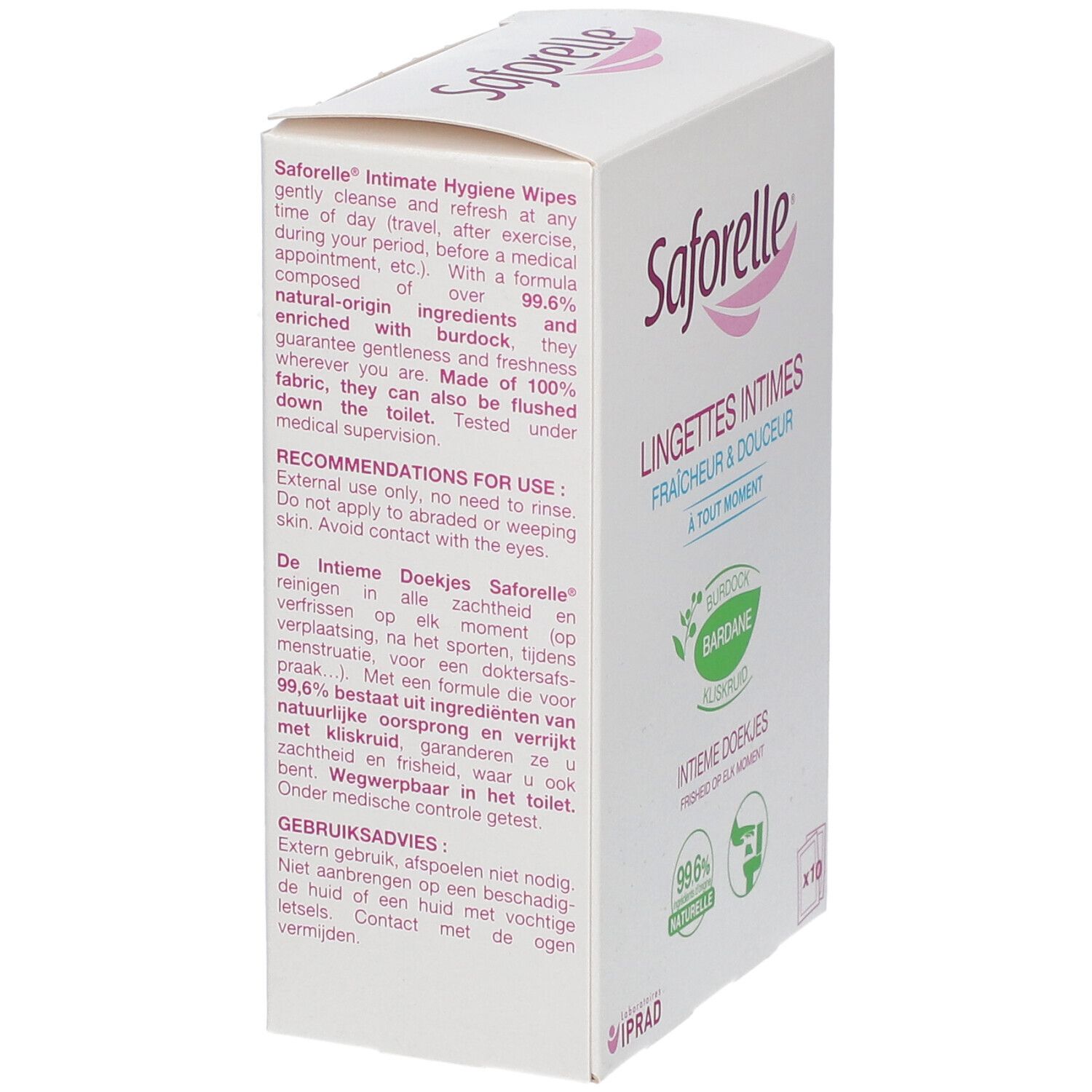Seitenansicht der Saforelle-Verpackung. Text: Inhaltsstoffe, Anwendungshinweise. Haltbarkeitsdatum: 05 2024.