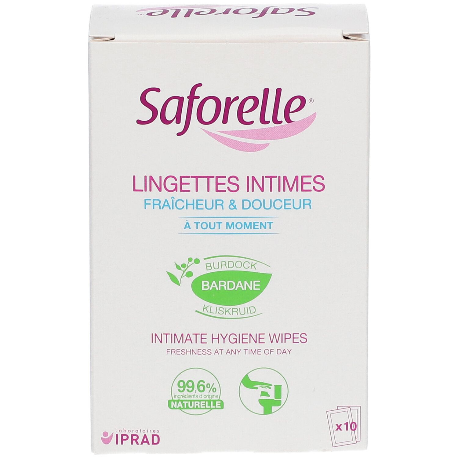Weißer Karton mit Saforelle-Logo und Produktbezeichnung. Enthält Intimreinigungstücher. 99,6% natürliche Inhaltsstoffe.