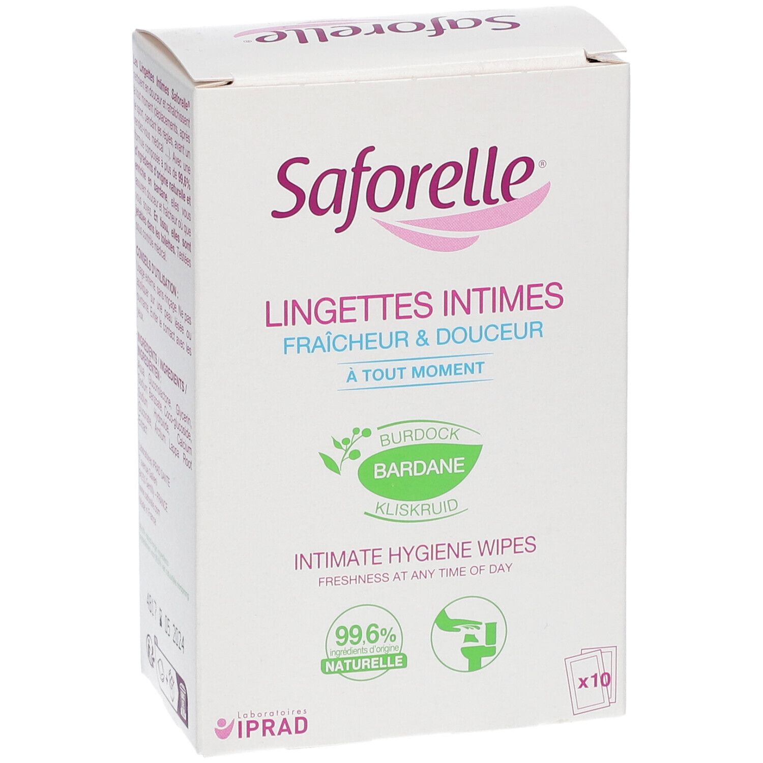 Weißer Karton mit Saforelle-Logo und Produktbezeichnung. Enthält Intimreinigungstücher. 99,6% natürliche Inhaltsstoffe.