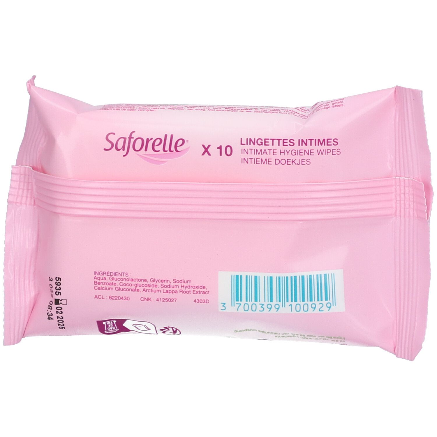 Dos du paquet rose de lingettes. Inscription Saforelle, Lingettes Intimes, 10 unités. Code-barres.