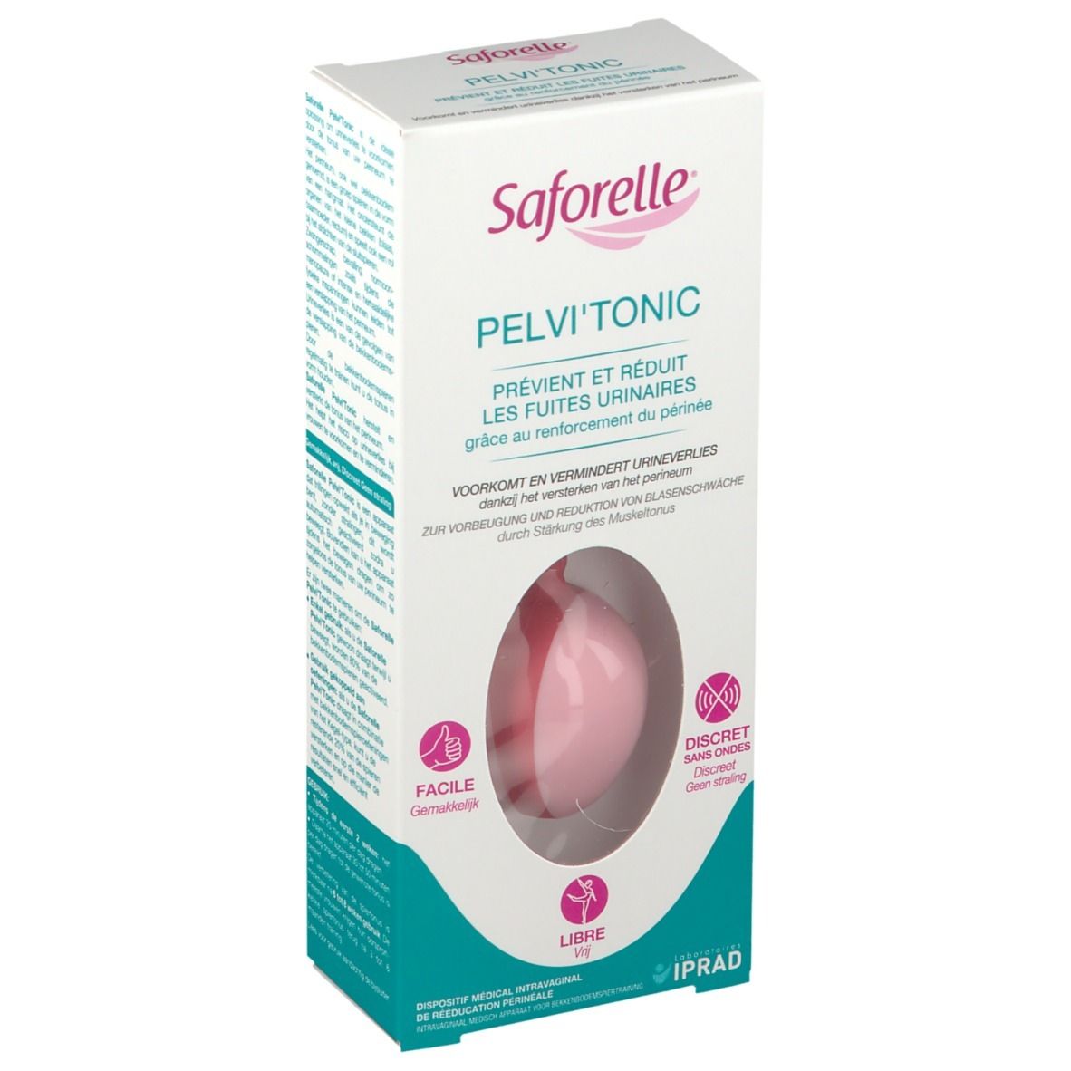Boîte Saforelle Pelvi'Tonic. Produit rose visible. Texte: Pelvi'Tonic, prévient et réduit les fuites urinaires.