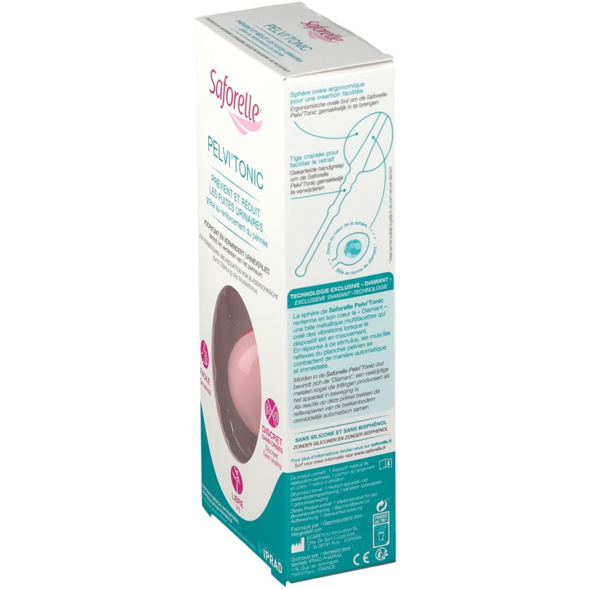 Boîte Saforelle Pelvi'Tonic, vue latérale. Produit rose visible. Texte: Pelvi'Tonic, description du produit.